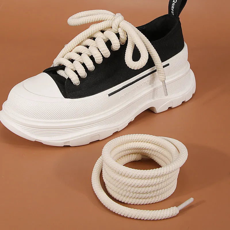Round woven shoelaces in white, black, and beige colours showing 10mm diameter
