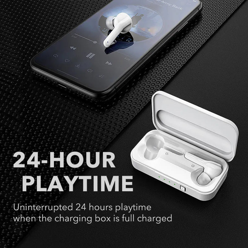 Black and white TWS wireless headset with Bluetooth 5.0 and IPX5 waterproof rating