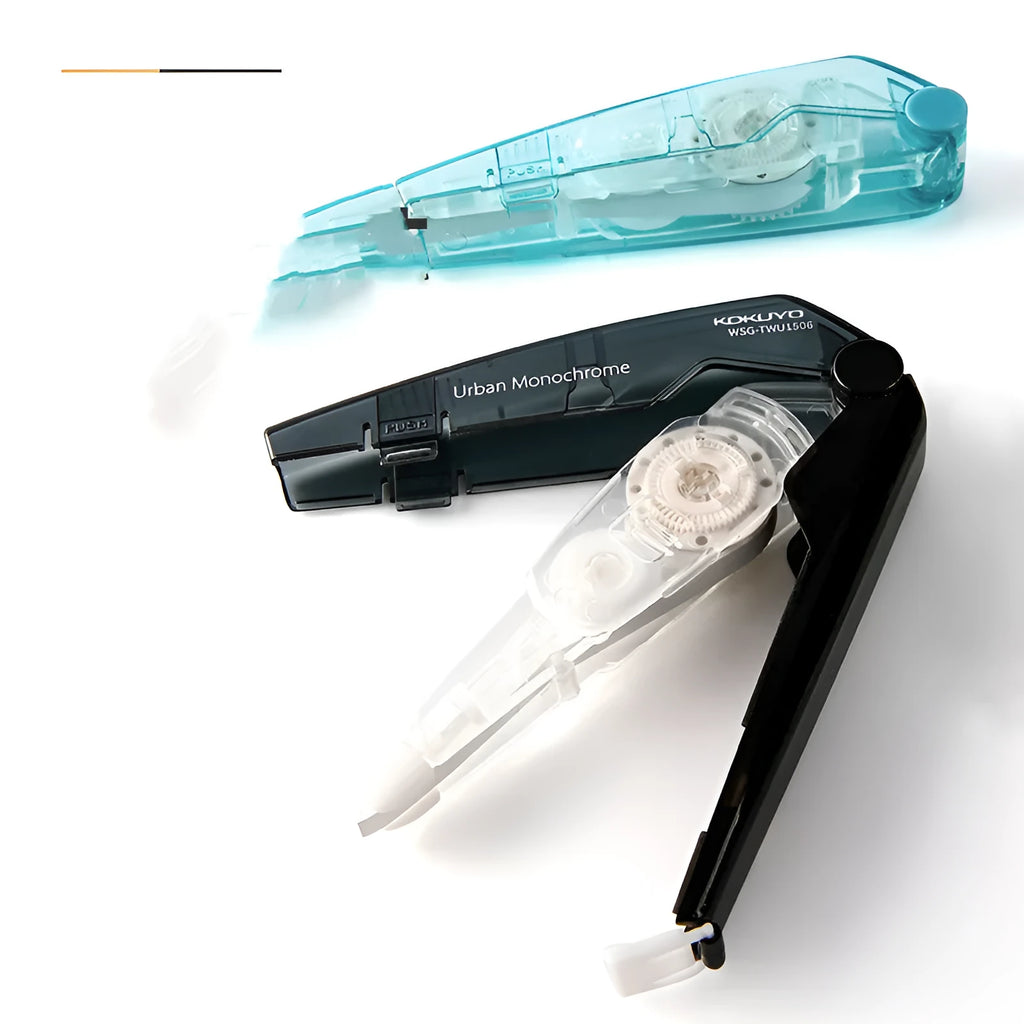 Transparent correction tape refill cartridge in blue, pink, yellow, black, and white.