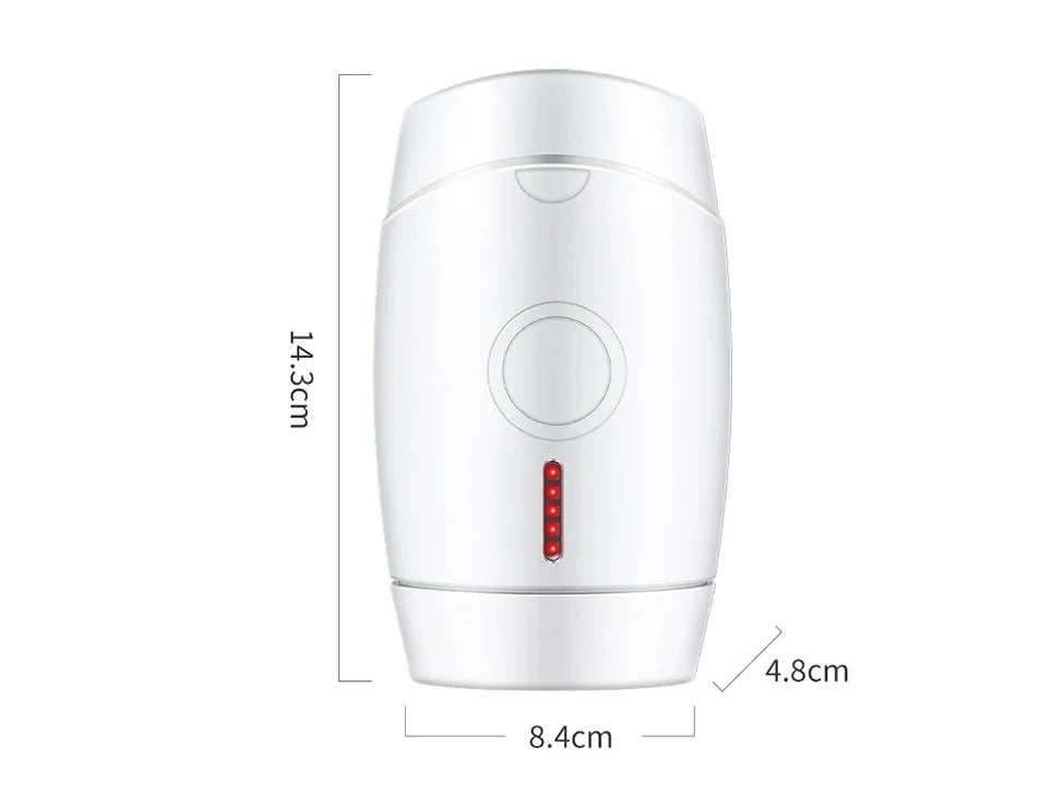 White home laser hair removal device with display, shown with its power adapter and international plug heads.
