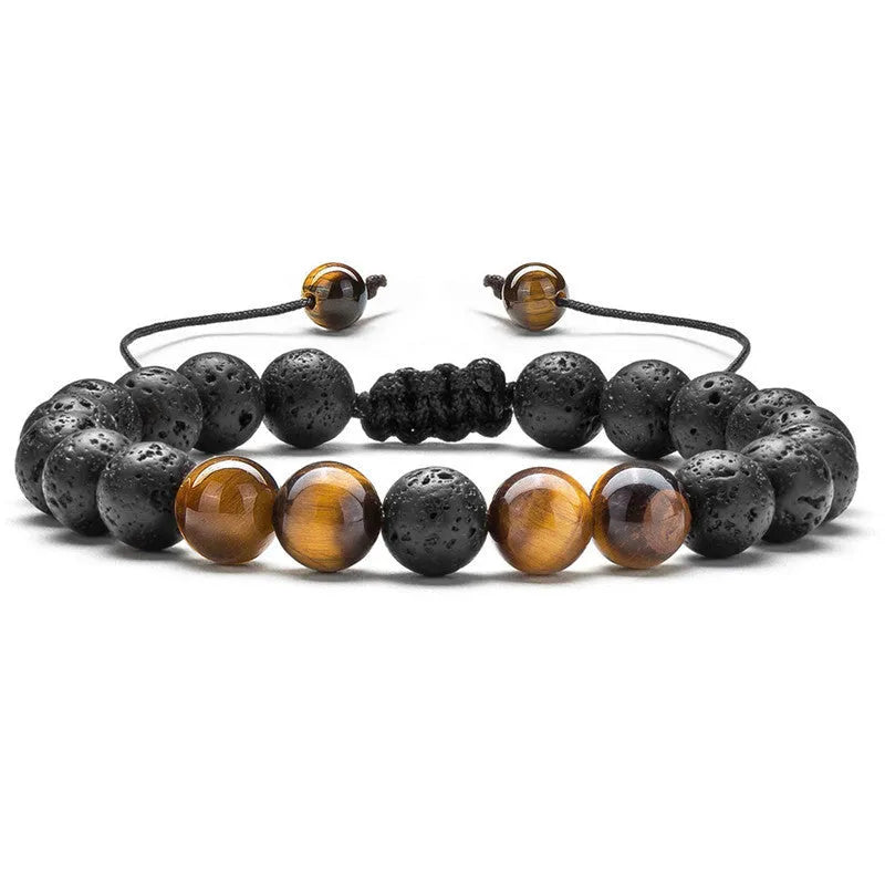 Geometric matte black agate couple bracelets with tiger eye beads, shown as a matching set.