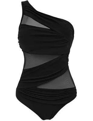 Women's plus size one-piece swimsuit in black solid colour with chest pads nylon fabric