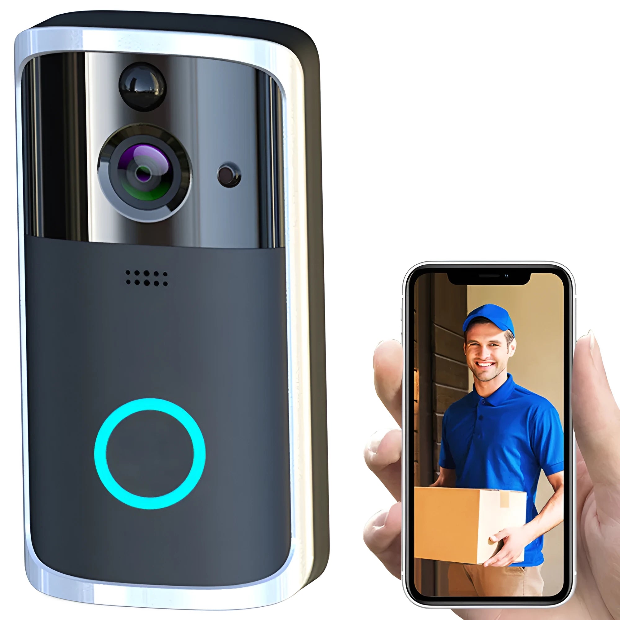 WiFi video doorbell camera in black, 7.5cm by 3.3cm by 14.4cm, with infrared night vision, two-way voice intercom