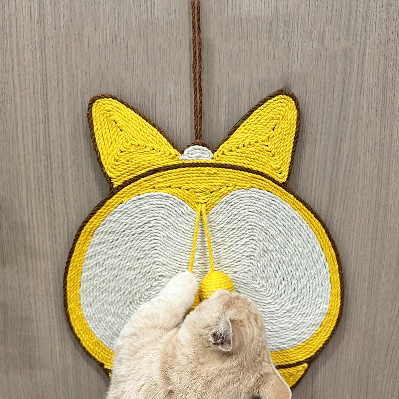 Yellow cat scratching pad with corgi butt designs, natural sisal surface and anti-slip base