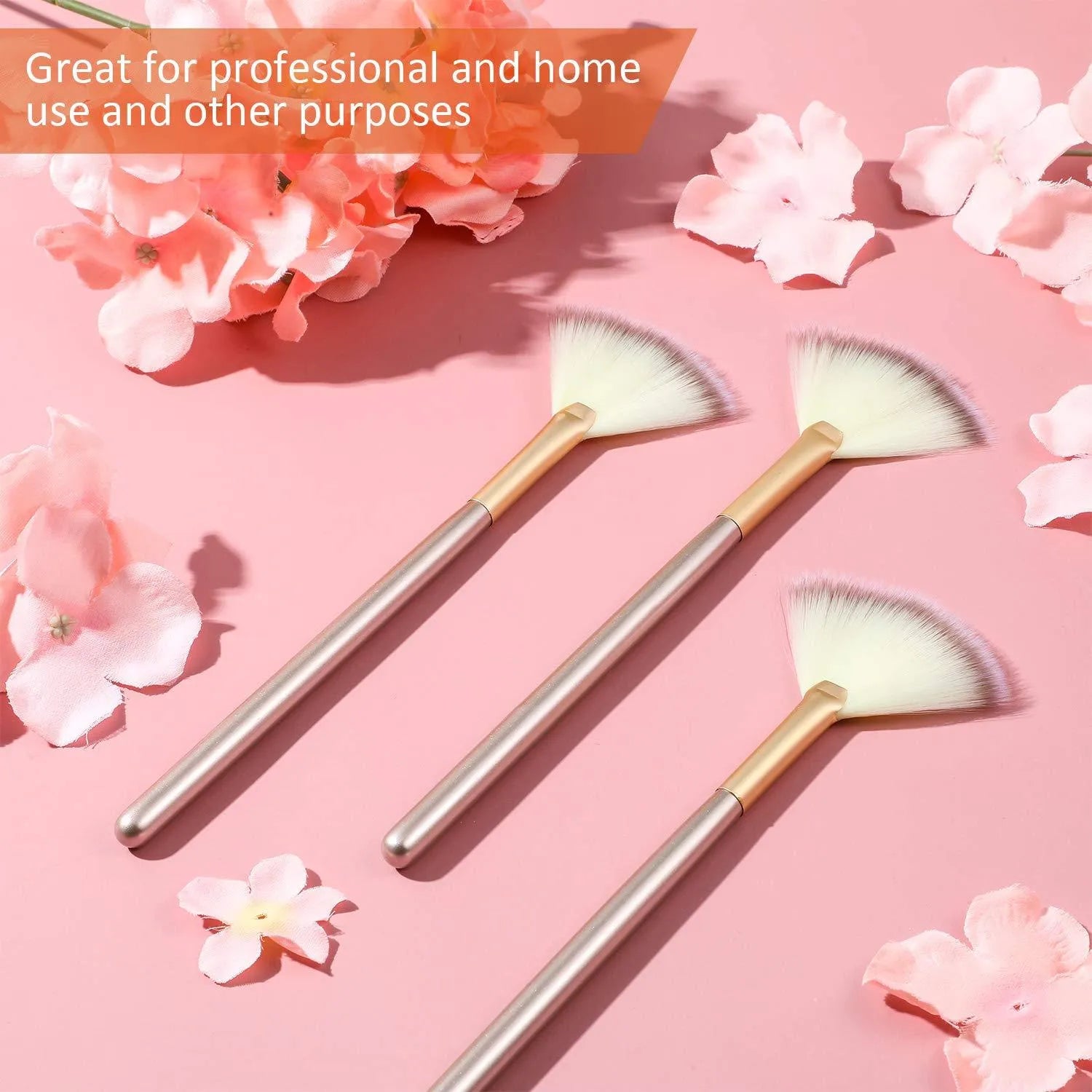 Ten champagne-coloured acrylic handle fan brushes with soft fibre bristles and individual clear protective covers.