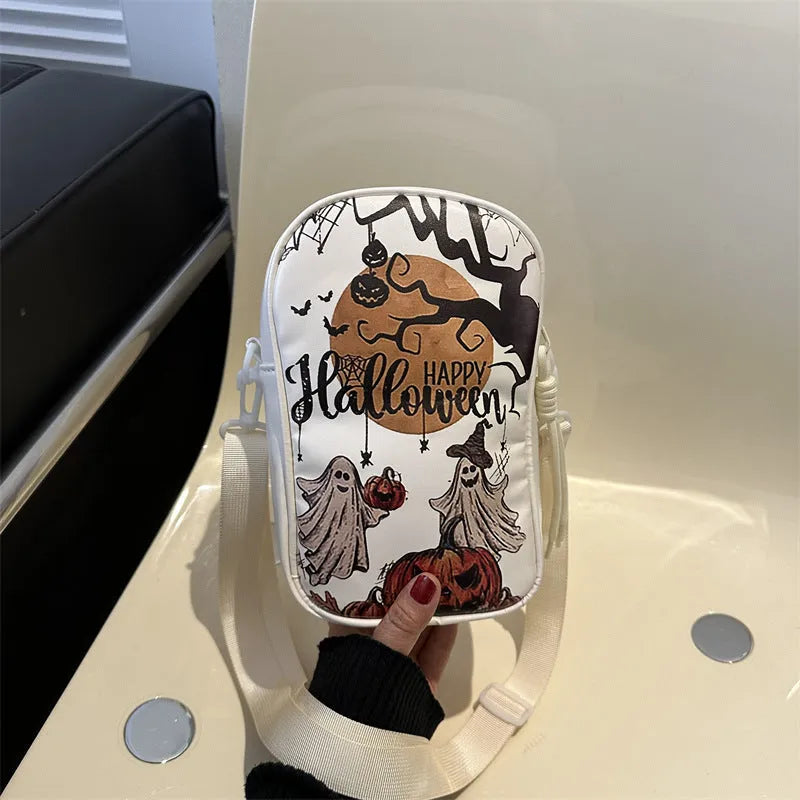 Halloween graffiti mini crossbody phone bag with cartoon pumpkin ghost bat print in black colour