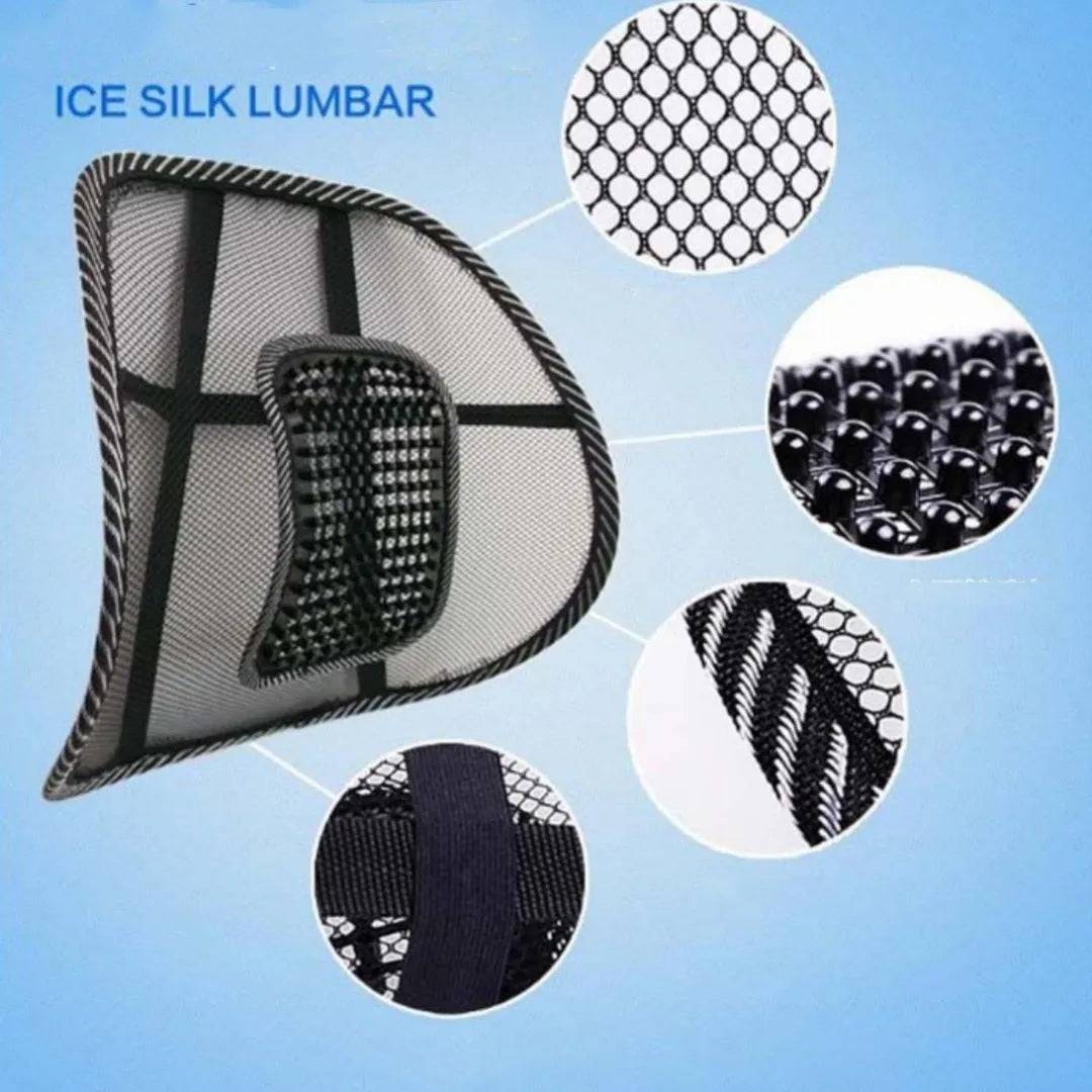 Black car lumbar support pillow with polypropylene fibre surface measuring 41x39cm