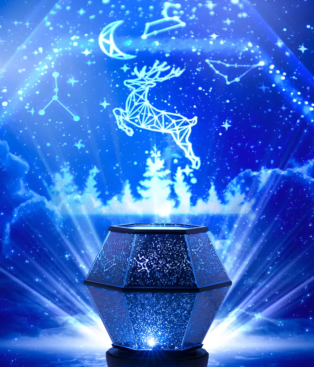 Children's rotating stars LED constellation projector night light showing colourful star patterns on a wall.