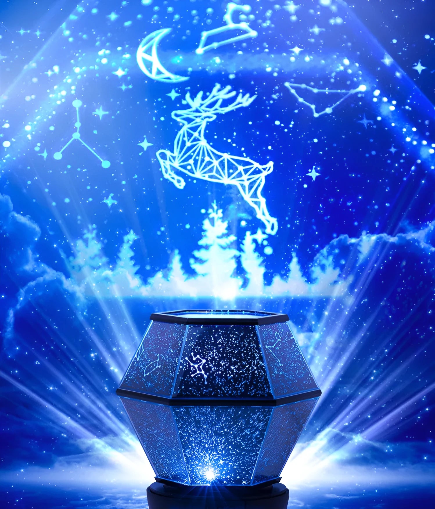 Children's rotating stars LED constellation projector night light showing colourful star patterns on a wall.