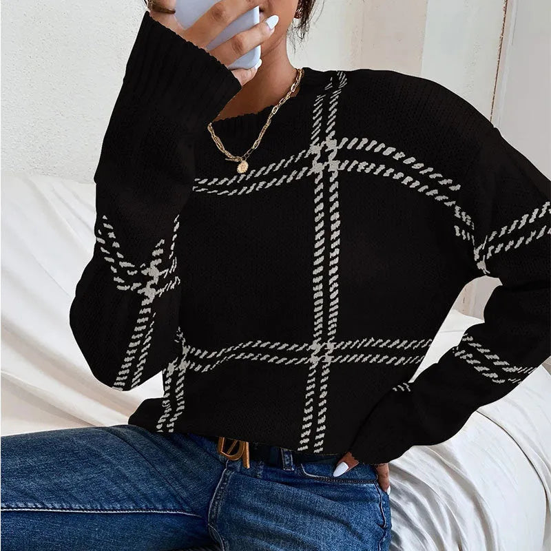 Women's casual plaid colour-block crew neck acrylic sweater with apricot, black, beige, red and green stripes