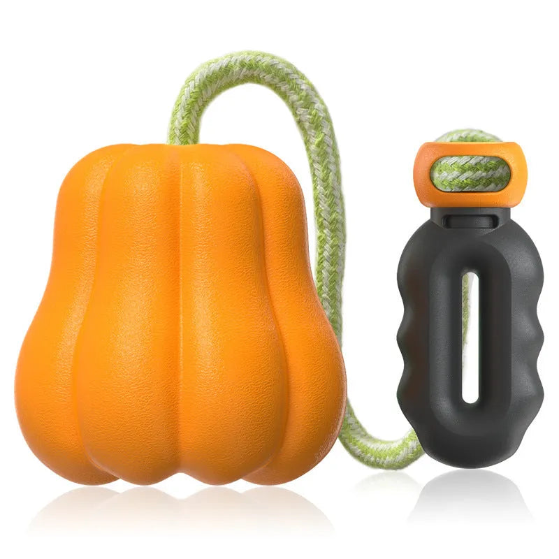 Bite Molar orange plastic pumpkin dog toy with rope attached for outdoor chewing and fetch games