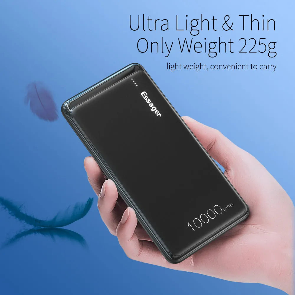 Essager Small Jane black 10000mAh power bank showing dual USB ports and LED indicators