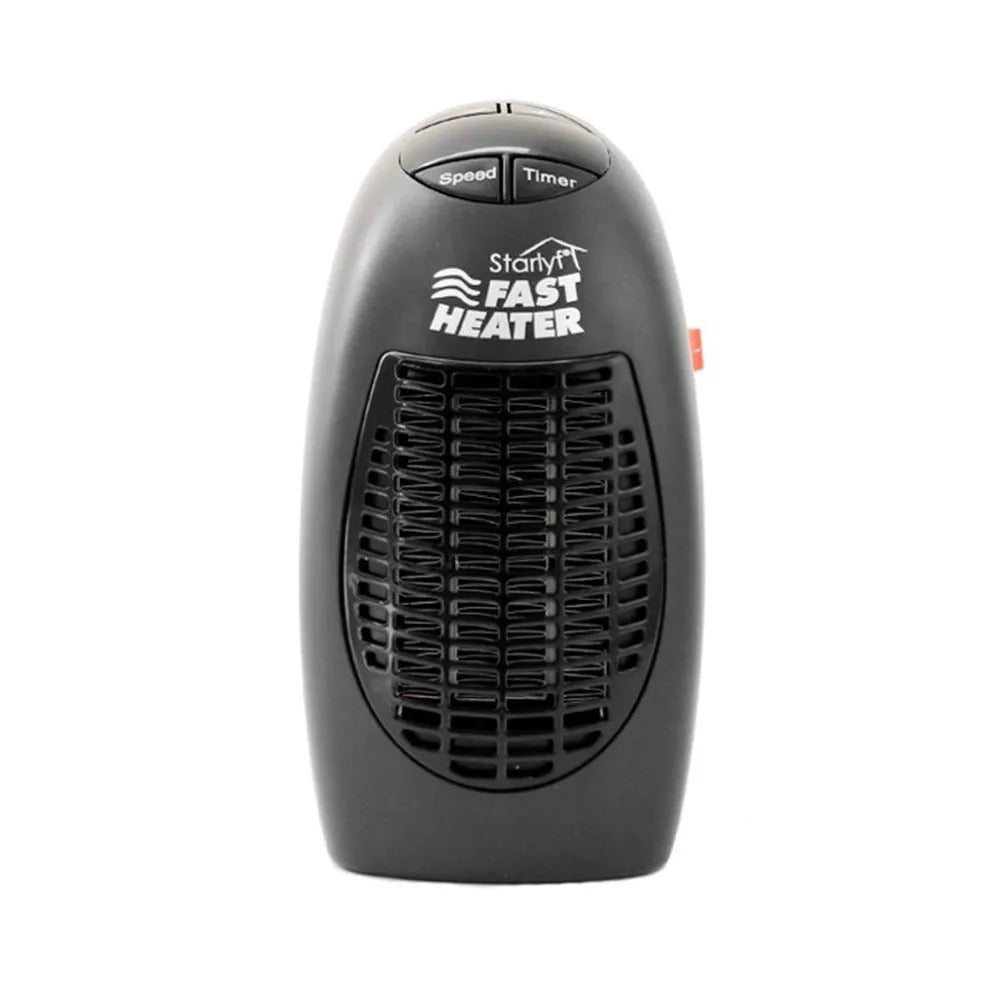 Compact black ceramic electric heater with digital display and rotating plug on a desk
