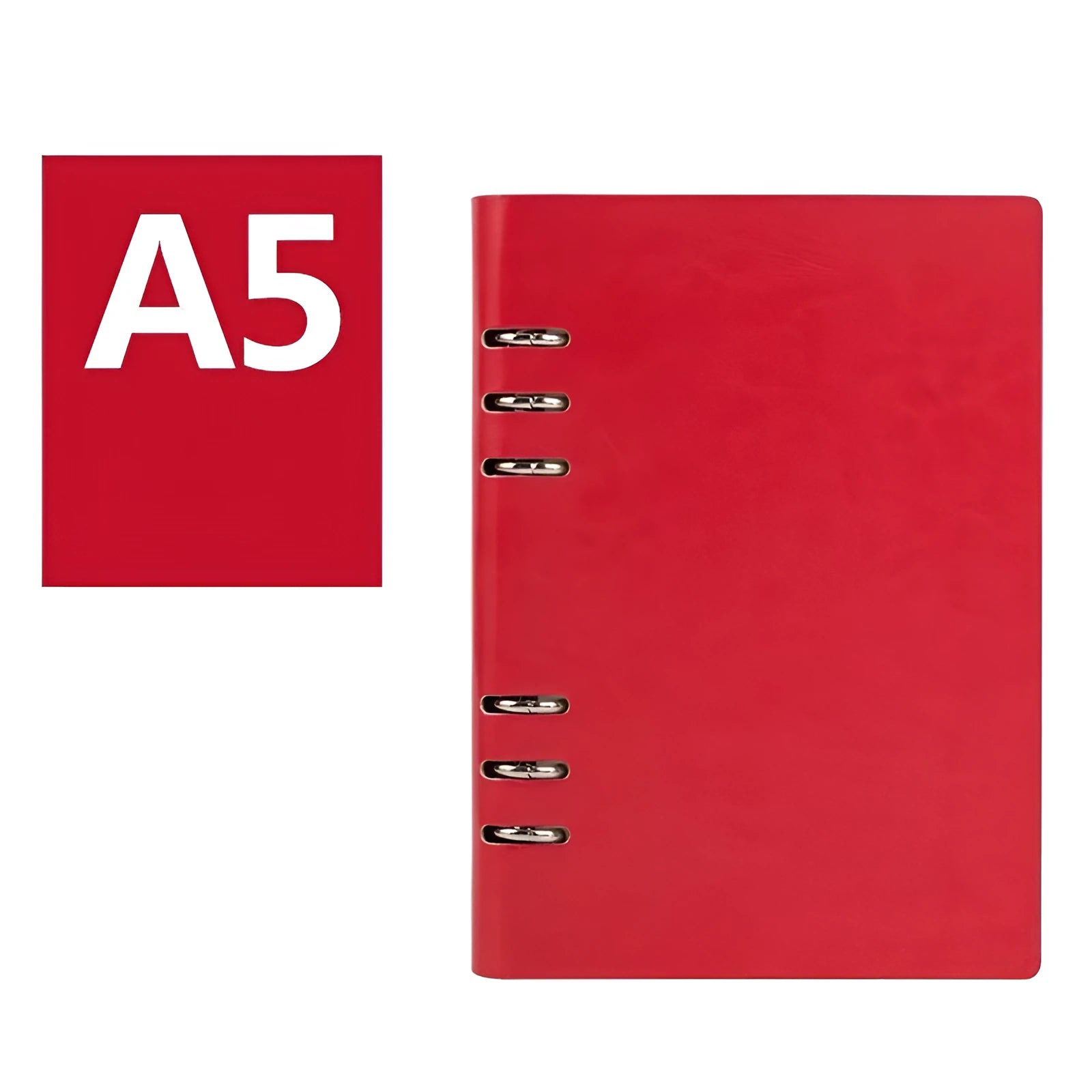Loose-leaf business notebook with imitation leather cover in multiple colours, open to show beige paper.