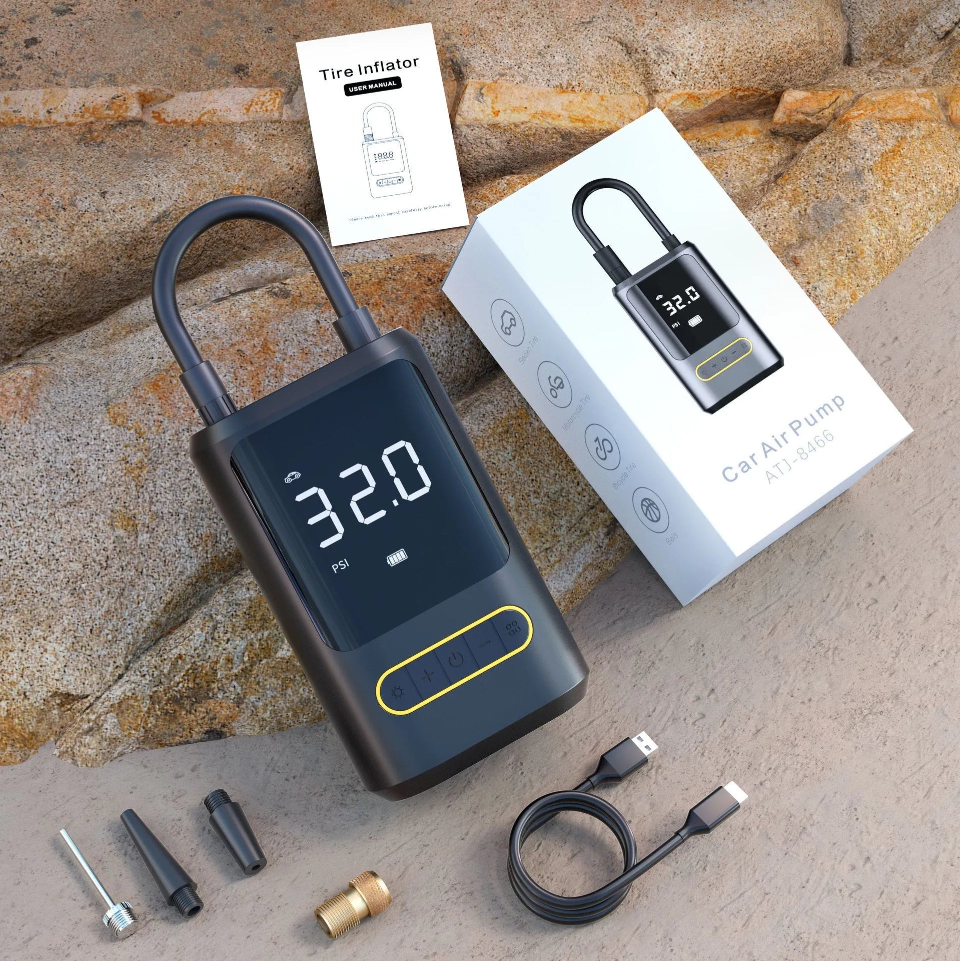 Handheld wireless digital tyre inflator with display screen, LED light, and air hose.
