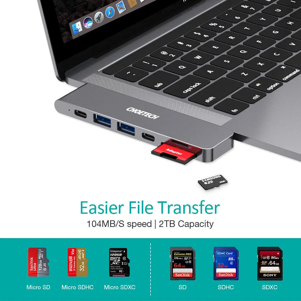 USB Type C adapter hub with SD card reader ports in aluminium alloy casing
