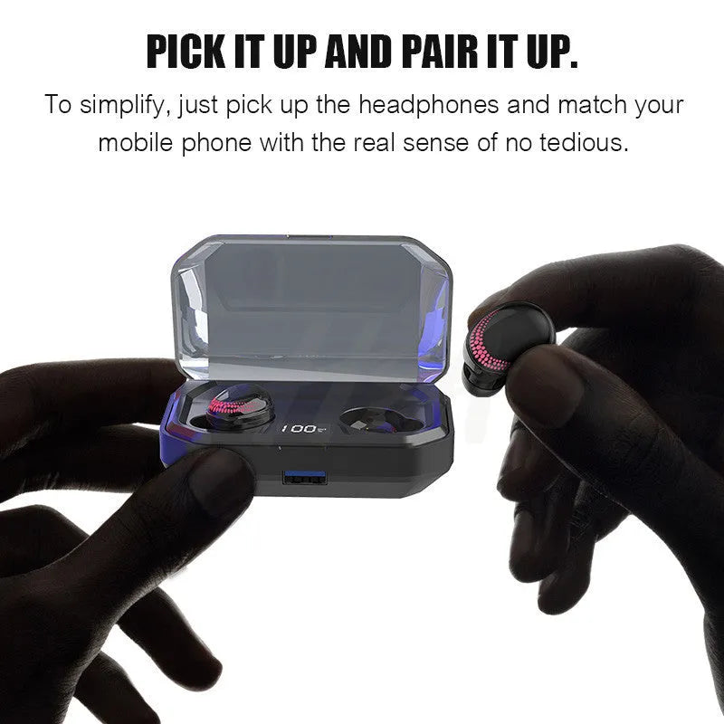 Black X10 wireless Bluetooth earbuds and charging case on a white background