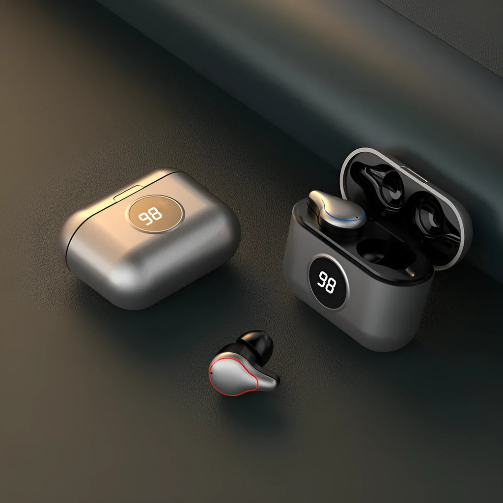 Black and blue in-ear Bluetooth headset with earplug-style earpieces shown separately.