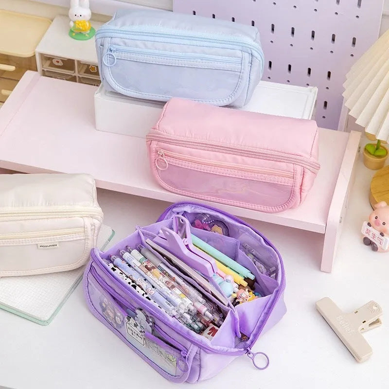 Korean canvas pencil case with ten-layer flip design in six colour options