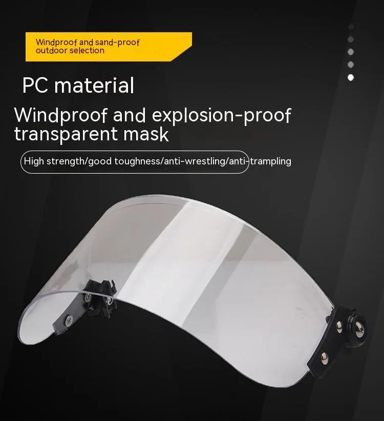 Transparent polycarbonate helmet face protection mask with guide rail mounting
