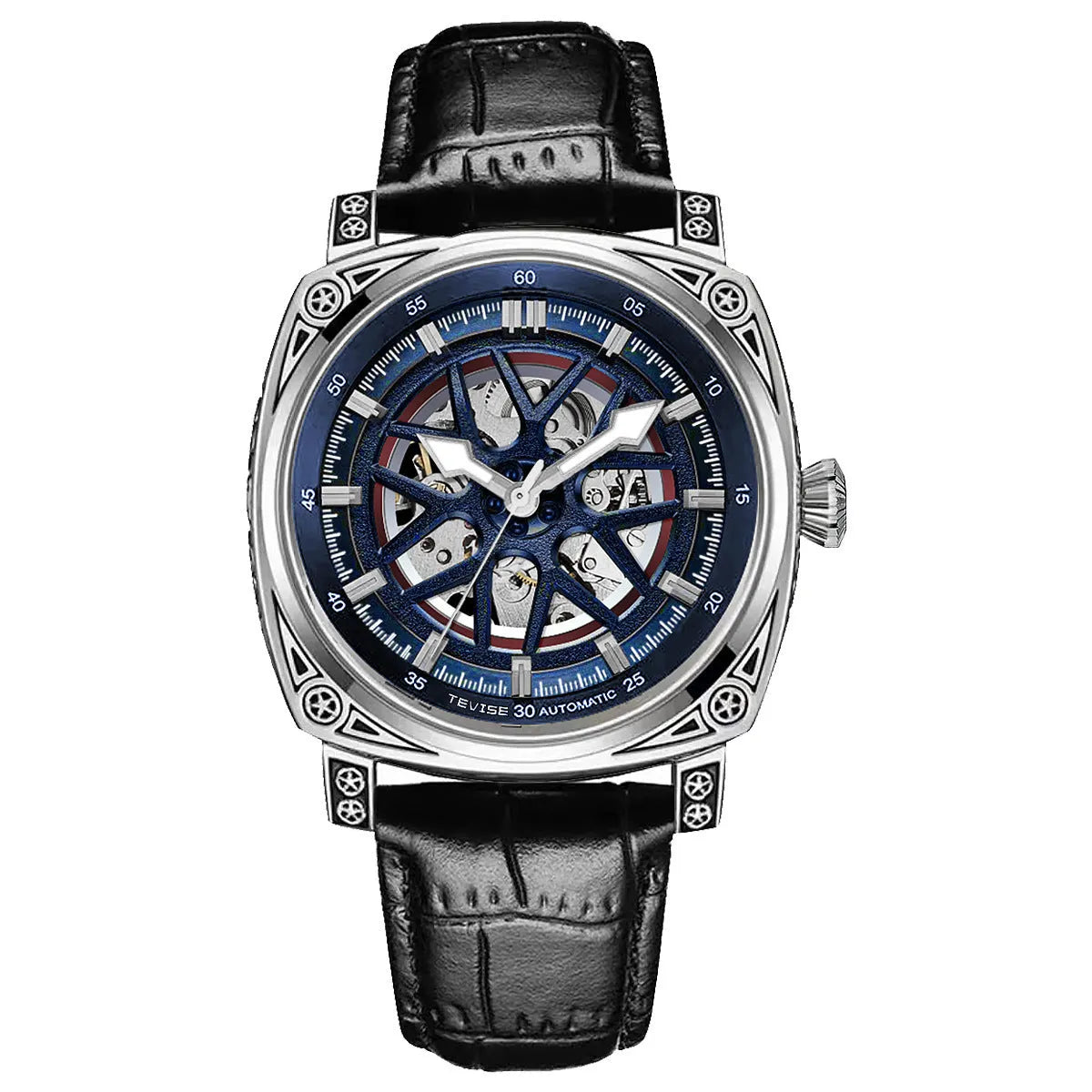 Men's stainless steel automatic watch with blue leather strap showing analogue dial
