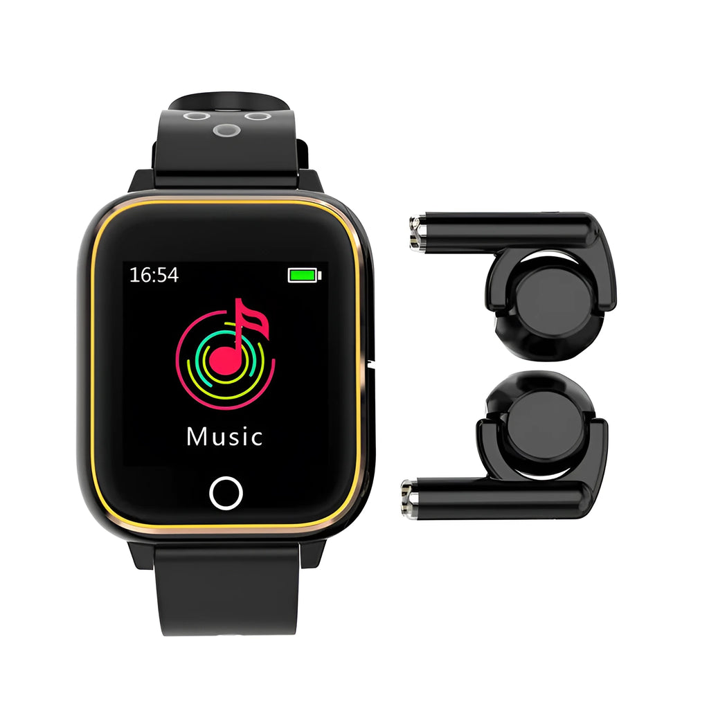 Black smart watch and Bluetooth earphones 2-in-1 fitness tracker on wrist with earbuds stored in watch case.