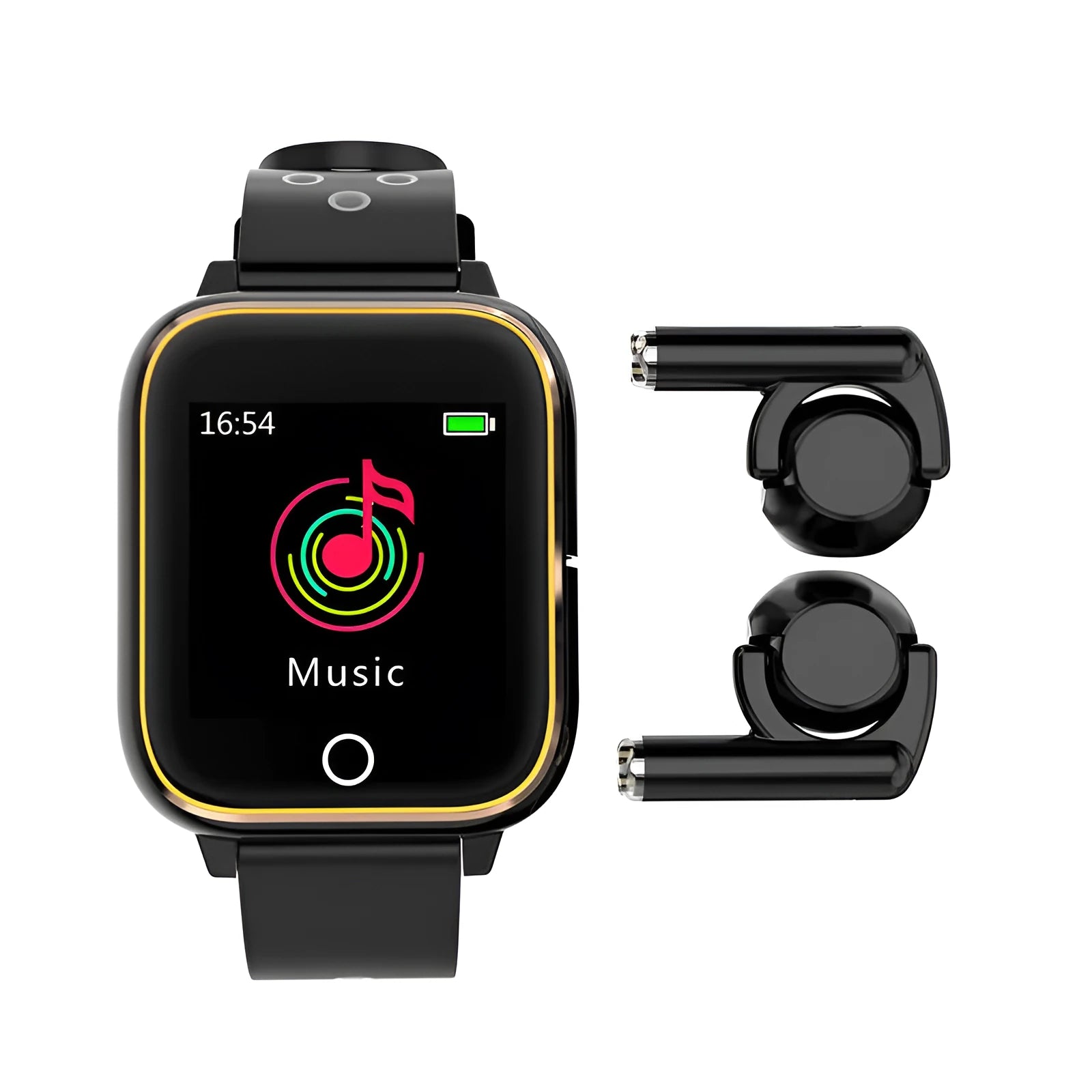 Black smart watch and Bluetooth earphones 2-in-1 fitness tracker on wrist with earbuds stored in watch case.