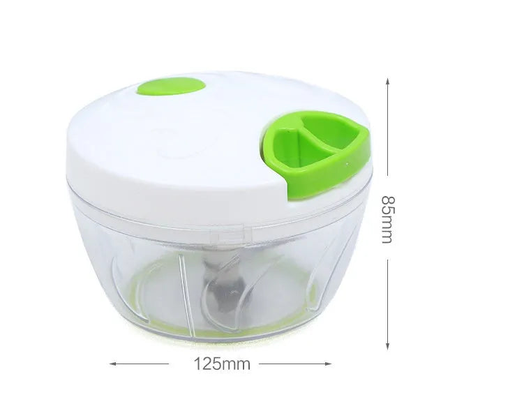 Green manual food chopper with lid open, showing three stainless steel blades inside a 500ml plastic container.
