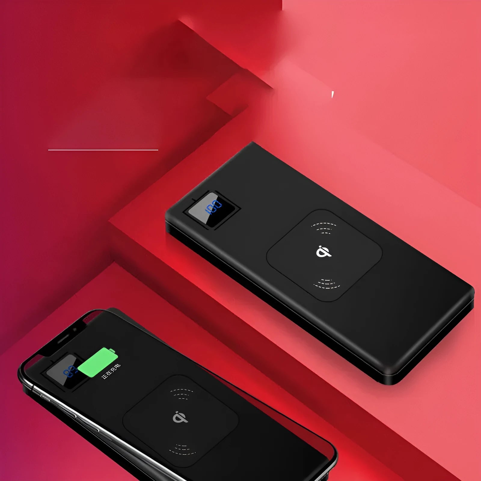 Silver alloy portable power bank with LCD display showing battery level