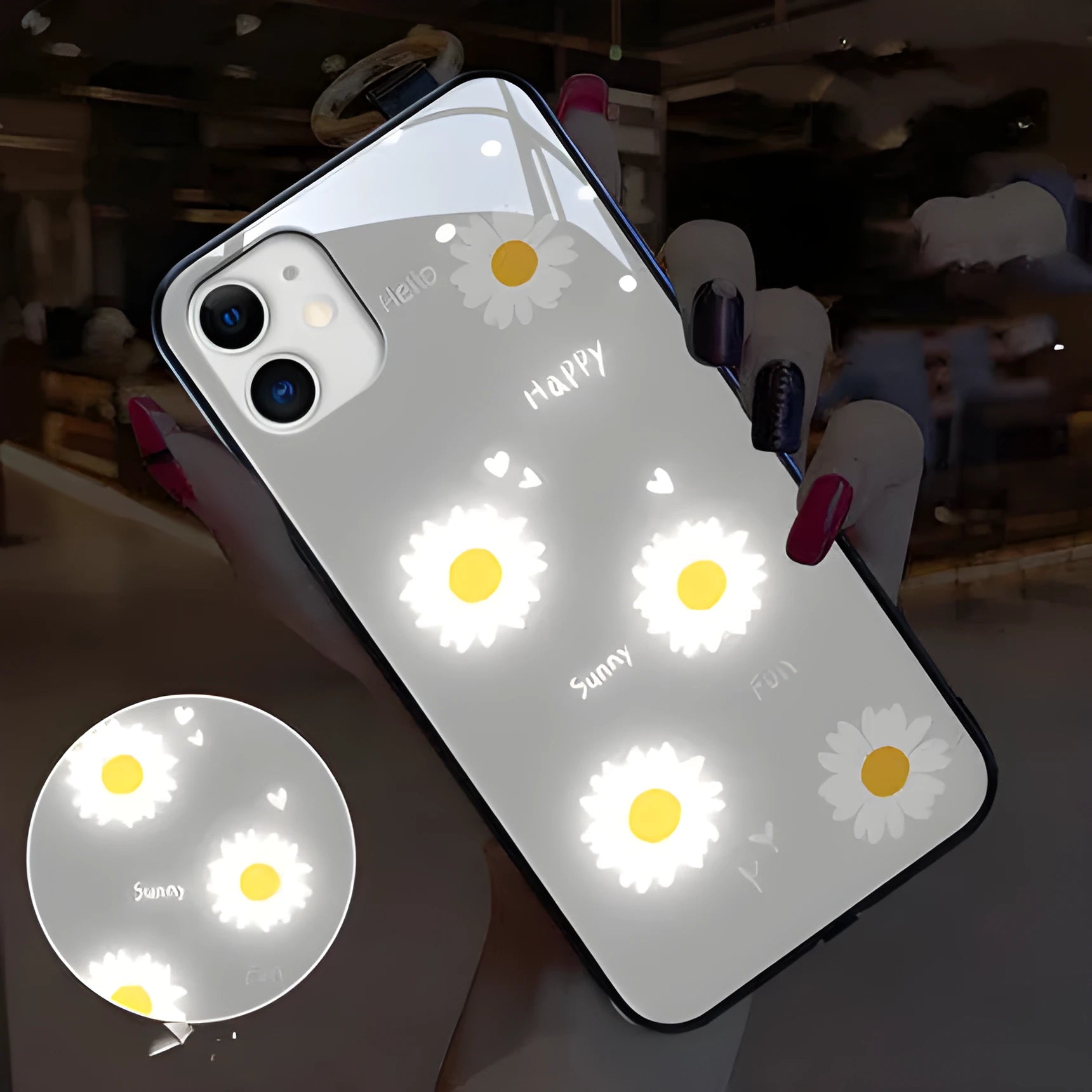 iPhone luminous phone case with painted daisy design and voice-activated colour light feature