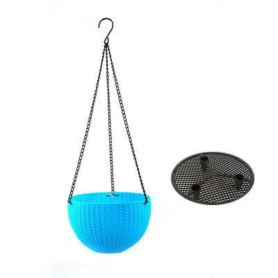Plastic hanging basket planter with chain in one of seven colours, showing inner pot.