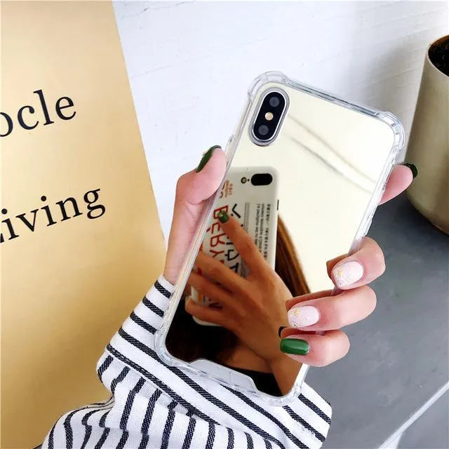 Reflective mirror phone case in soft TPU material available in multiple colours for various iPhone models showing back and side view