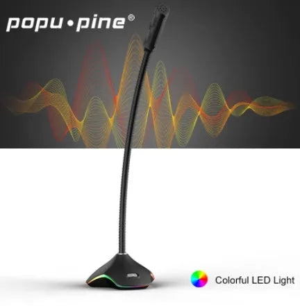 Black wired condenser microphone on a desktop stand with a pop filter sponge, 3.5mm cable connected.