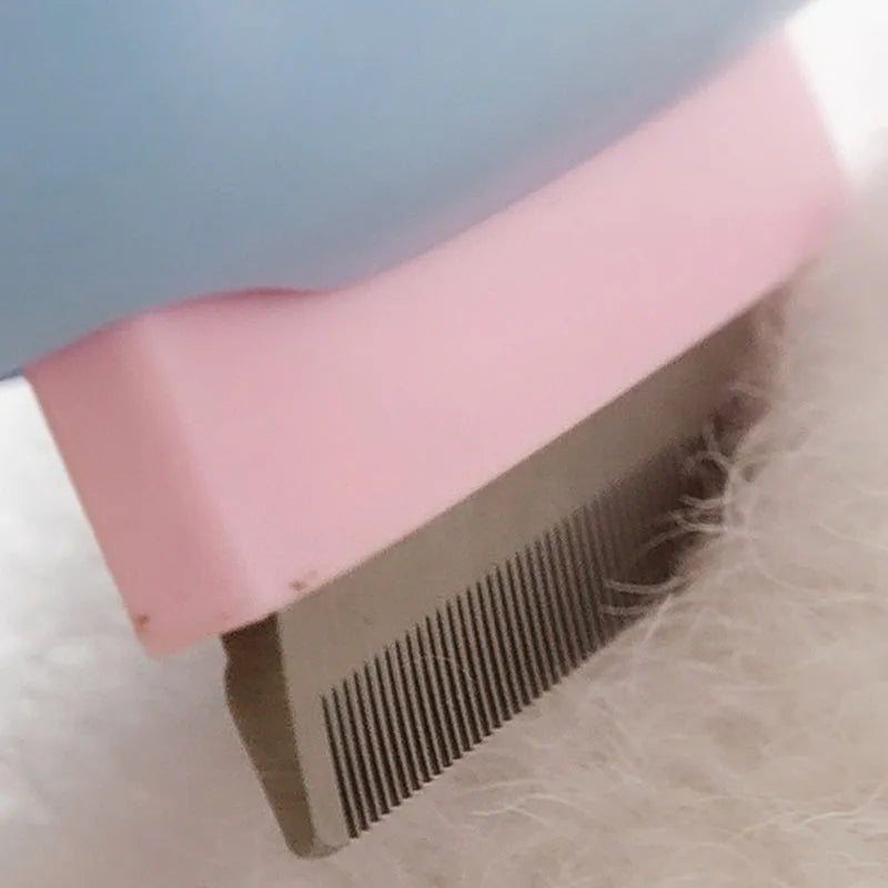 Blue pet grooming brush with double-sided deshedding rake and dematting comb tool