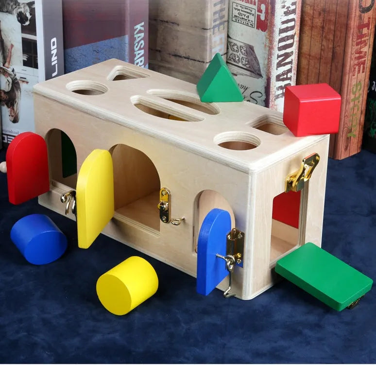 Wooden educational toy shape sorting lock box puzzle with geometric pieces for preschool children.