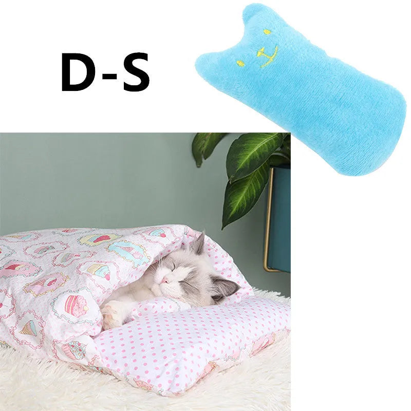 Warm semi-enclosed cat bed with removable washable quilt, cloth cave design for small to large cats