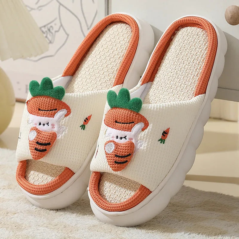Cute carrot rabbit linen slippers with non-slip thick bottom in orange