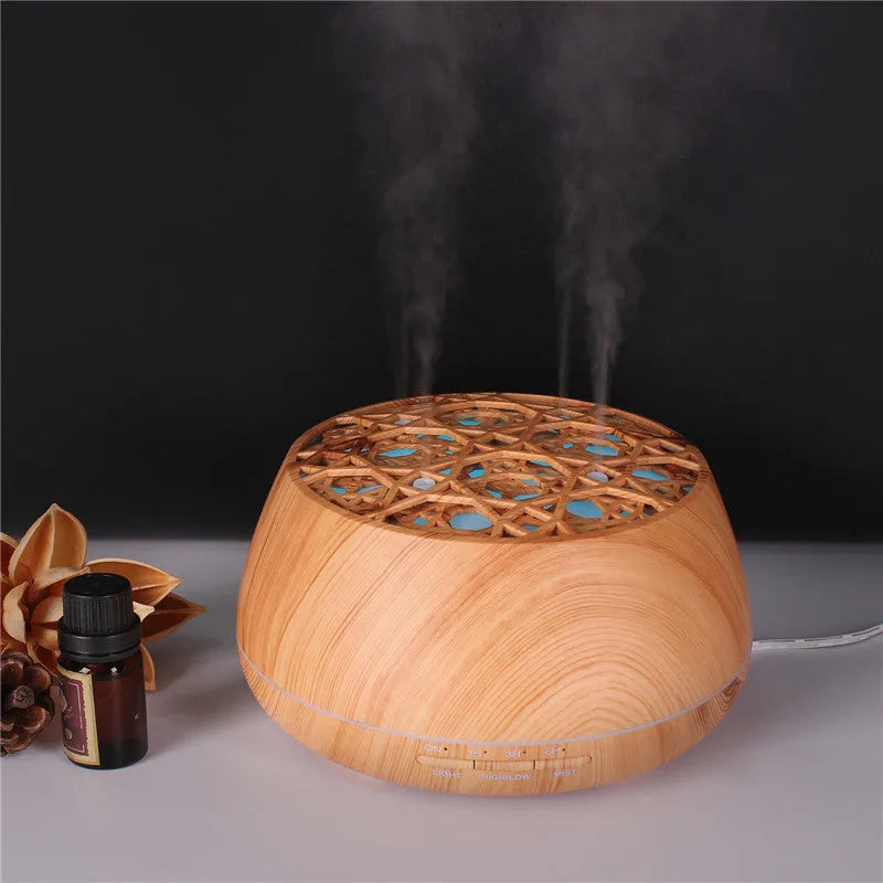Medium 178x97mm ultrasonic aroma diffuser with four-hole mist output, 400ml capacity, dark wood grain finish, timer controls