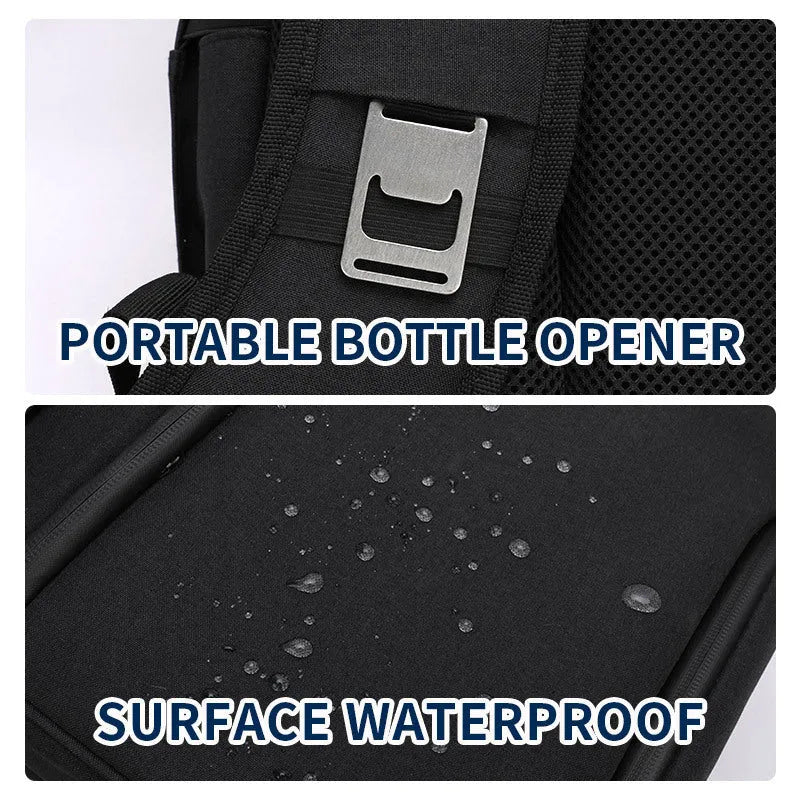 Blue insulated backpack with double-layer construction and refrigerated ice pack compartment open