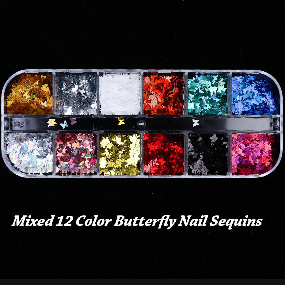 Butterfly sequin nail decoration in 12-colour glitter mix in a case for nail art