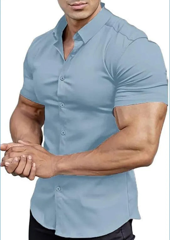 Men's brown short sleeve casual printed shirt with a collar on a hanger.