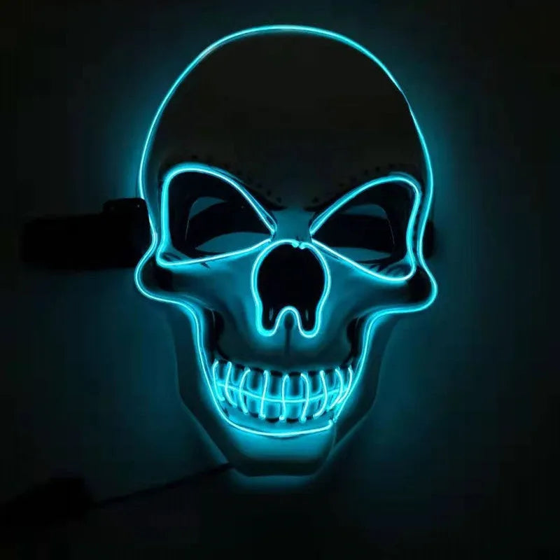 Skull LED glowing Halloween mask with EL wire, available in multiple colours, on a black background