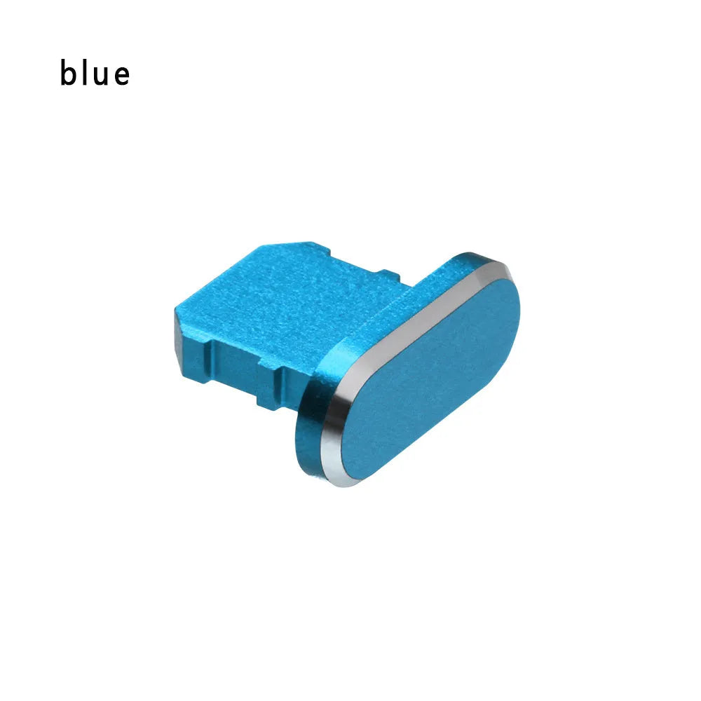 Aluminium alloy charging port dust plug for iPhone in various colours including gold, silver, and rose gold.
