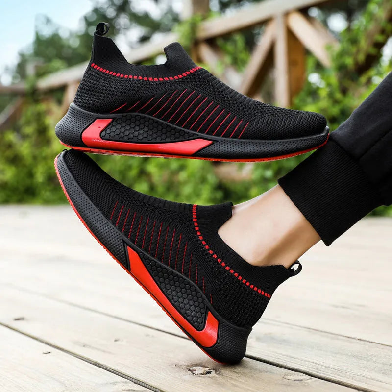 Men's mesh sock shoes with Flyknit upper and striped design in black, black white, and white colour options
