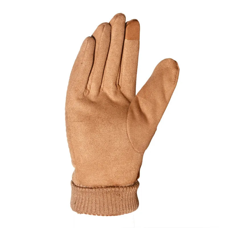 Suede gloves for couples in coffee colour, elastic fabric with velvet feel, unisex size M for cycling and driving
