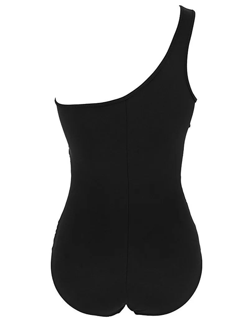 Women's plus size one-piece swimsuit in black solid colour with chest pads nylon fabric
