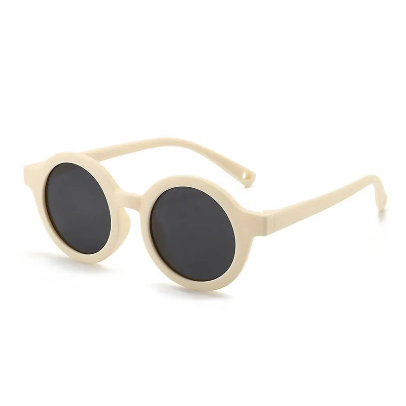 Children's silicone sunglasses with round frames for 0-3 year olds in multiple colour options showing UV400 and polarized protection
