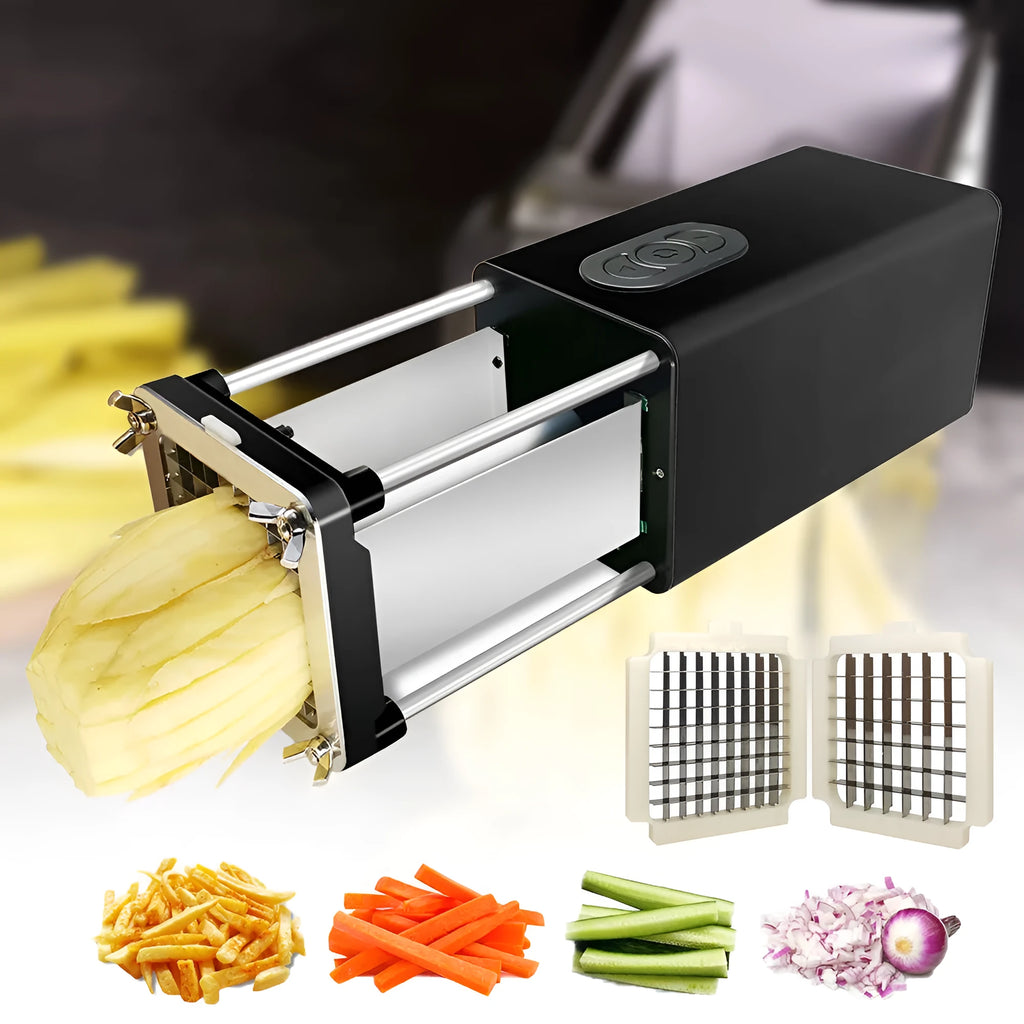 Electric French fry cutter stainless steel with two blades and black body, cutting potatoes and carrots.