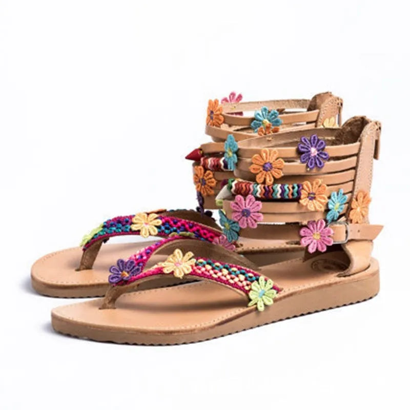 Ethnic style Roman sandals with beaded petal floral decoration on PU upper, round toe flat design