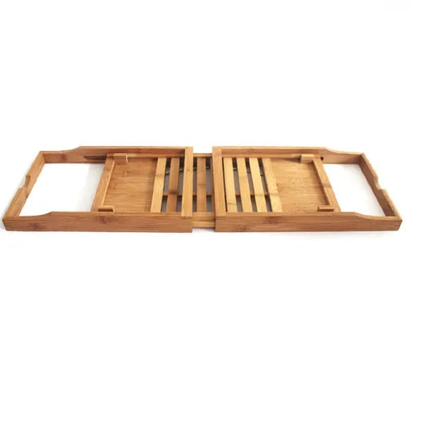 Bamboo bathtub storage frame with single-tier shelving for bathroom organisation